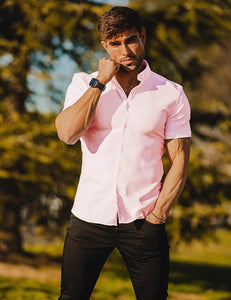 Muscle Stretch Pink Button Down Short Sleeve Dress Shirt