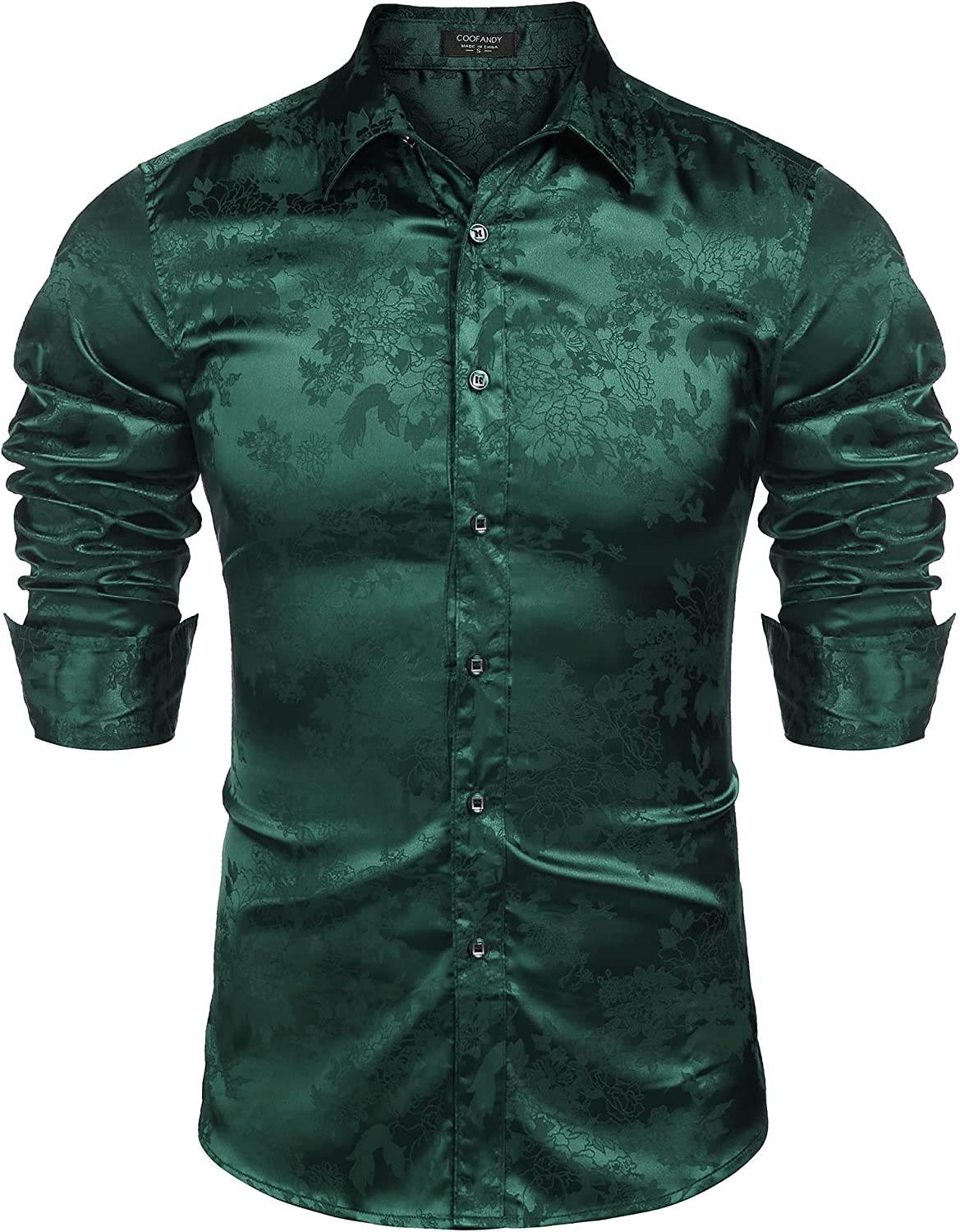 Men's Green Floral Rose Printed Long Sleeve Dress Shirt