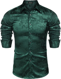 Men's Green Floral Rose Printed Long Sleeve Dress Shirt