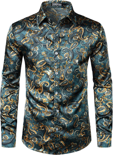 Men's Hipster Paisley Teal Satin Button Up Dress Shirt