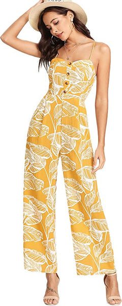 Palm Floral Printed Toffee Sleeveless Ruched Palazzo Jumpsuit