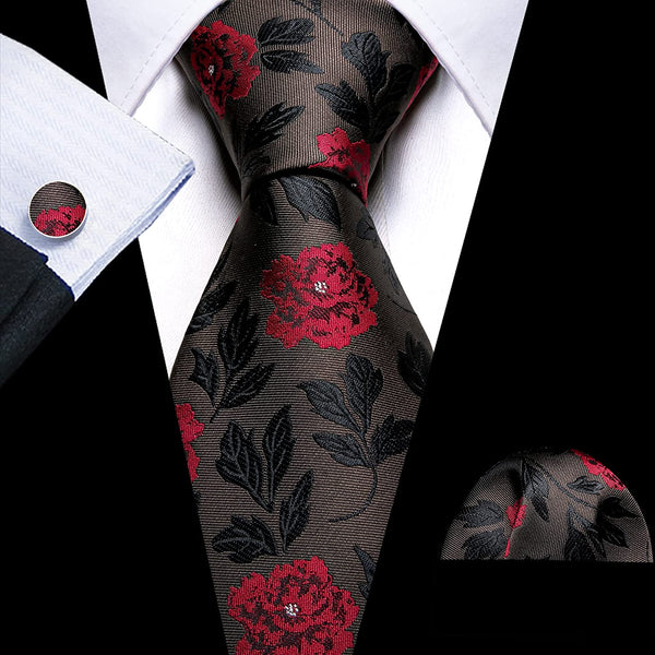 Men's Gold Print Silk Tie Set w/Handkerchief & Cufflinks