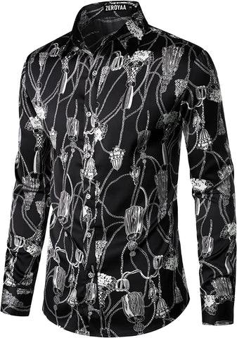 Men's Hipster Black Long Sleeve Button Up Satin Dress Shirts