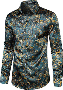 Men's Hipster Paisley Teal Satin Button Up Dress Shirt