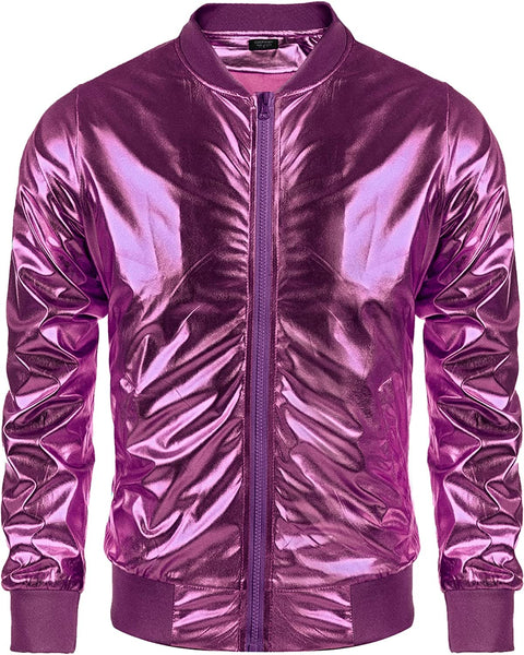 Vintage Purple Zip-Up Baseball Bomber Men's Metallic Jacket