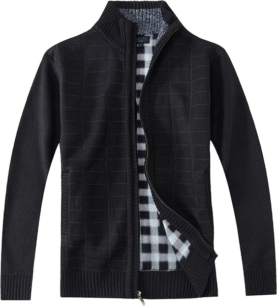 Men's Knitted Black Checkered Design Full Zip Sweater Jacket