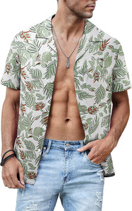 Men's Casual Green Floral Short Sleeve Hawaiian Shirt