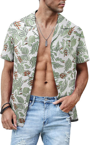 Men's Casual Green Floral Short Sleeve Hawaiian Shirt