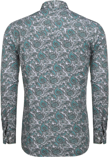 Men's Green Vintage Paisley Print Long Sleeve Dress Shirt