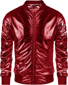 Vintage Red Zip-Up Baseball Bomber Men's Metallic Jacket