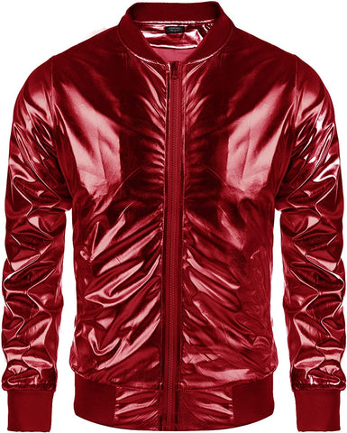 Vintage Red Zip-Up Baseball Bomber Men's Metallic Jacket