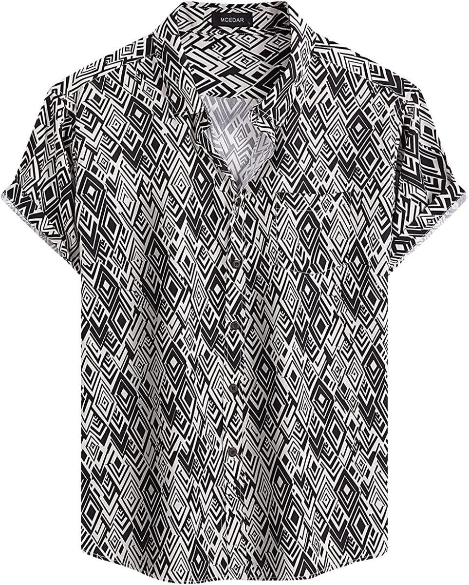 Men's Black Printed Button Up Short Sleeve Shirt