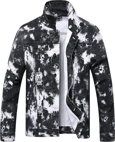 Classic Turndown Collar Black Ripped Denim Men's Jacket