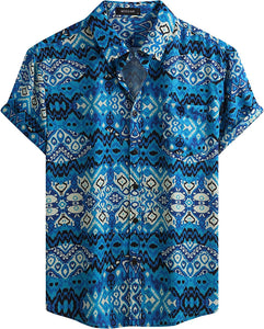 Men's Blue Printed Button Up Short Sleeve Shirt