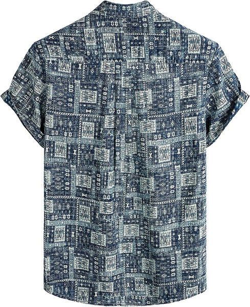 Men's Tribal Blue Multi Print Casual Short Sleeve Shirt