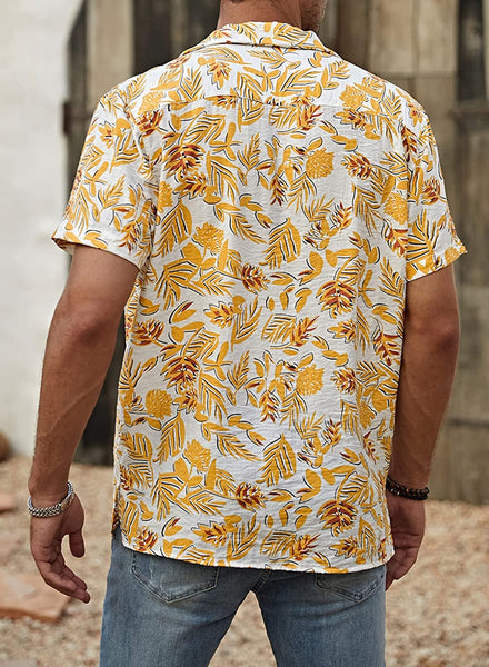 Men's Casual Yellow Floral Short Sleeve Hawaiian Shirt