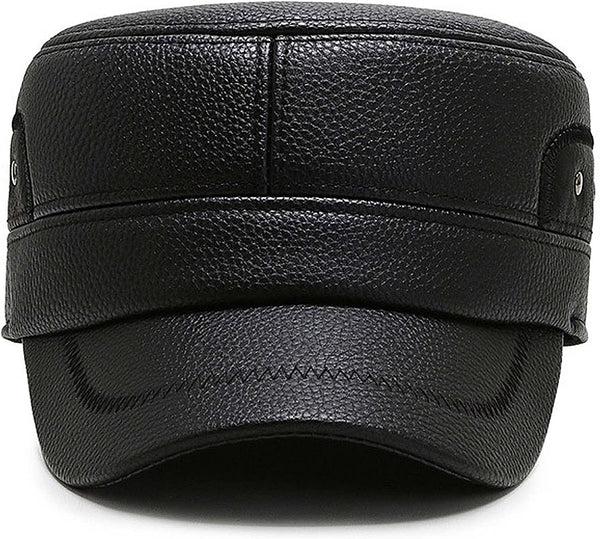 Men's Black Leather Military Cadet Peaked Cap with Earflap