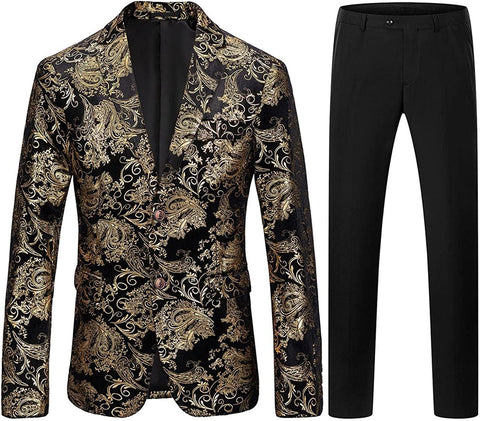 Gold Single Breasted 2 Piece Men's Floral Suit