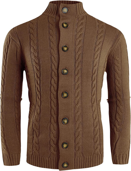 Winter Brown Stand Collar Long Sleeve Fit Sweater with Pockets