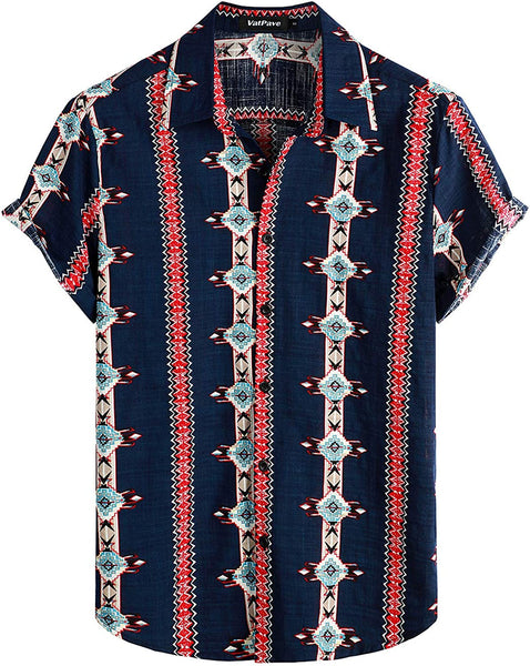 Men's Navy Blue Stripe Aztec Print Casual Short Sleeve Shirt