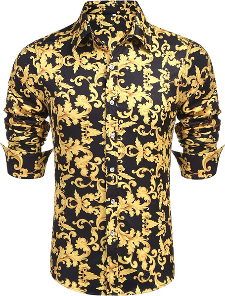 Gold Luxury Design Print Long Sleeve Men's Dress Shirt