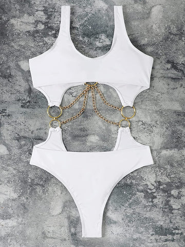 Elegant Chained White Cut Out One Piece Swimsuit