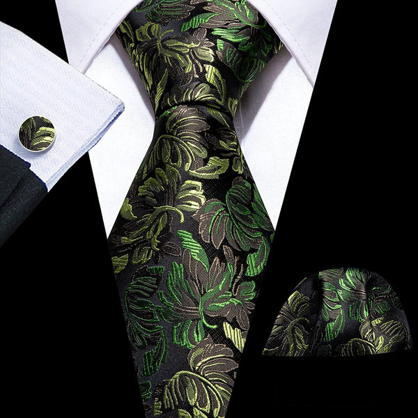 Men's Gold Floral Paisley Print Silk Tie Set w/Handkerchief & Cufflinks