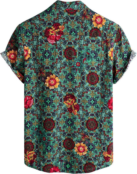 Men's Floral Green Print Casual Short Sleeve Shirt