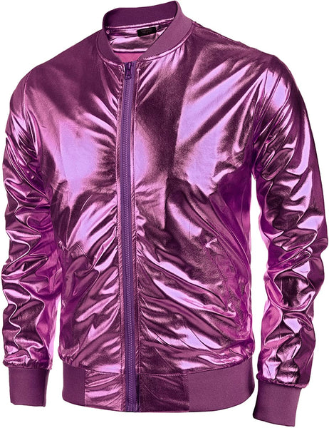 Vintage Purple Zip-Up Baseball Bomber Men's Metallic Jacket