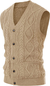 Cable Knitted Khaki Button Down Men's Sweater Vest