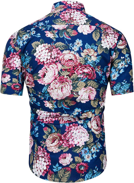 Men's Hawaiian Blue/Pink Floral Button Up Short Sleeve Shirt