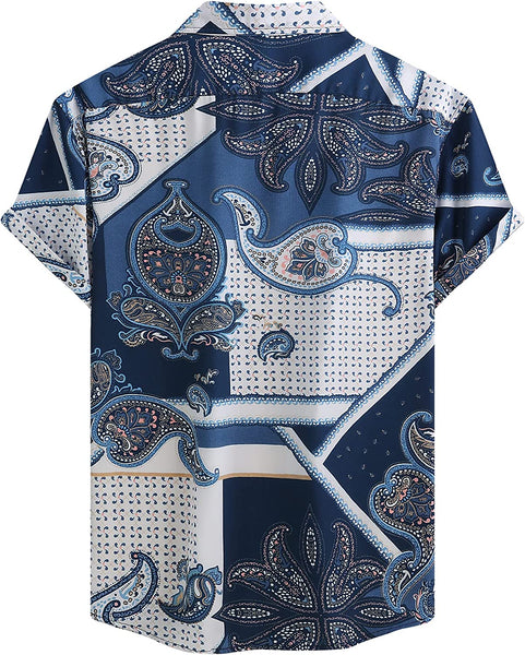 Men's Blue & White Paisley Printed Button Up Short Sleeve Shirt