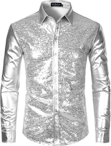 Men's Metallic Silver Long Sleeve Button Down Shirts