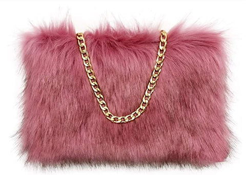 Champagne Pink Faux Fur Stylish Purse w/Chain