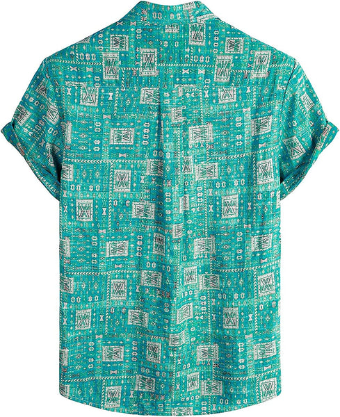 Men's Tribal Teal Multi Print Casual Short Sleeve Shirt