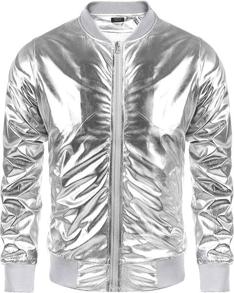 Vintage Silver Zip-Up Baseball Bomber Men's Metallic Jacket