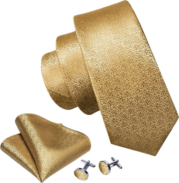 Men's Gold Print Silk Tie Set w/Handkerchief & Cufflinks