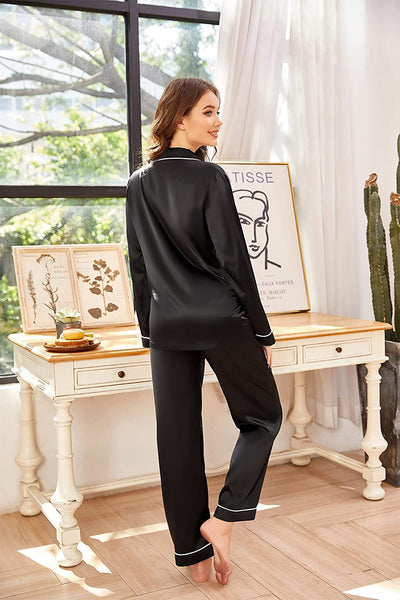 Luxury Black Satin Long Sleeve Sleepwear Pajama Set