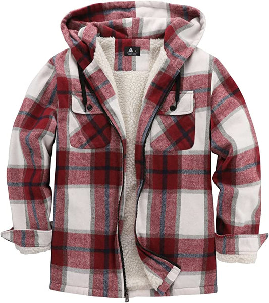 Men's Sherpa Blue/Brown Plaid Long Sleeve Fleece Hooded Jacket