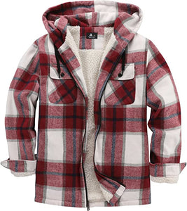 Men's Sherpa Red Plaid Long Sleeve Fleece Hooded Jacket