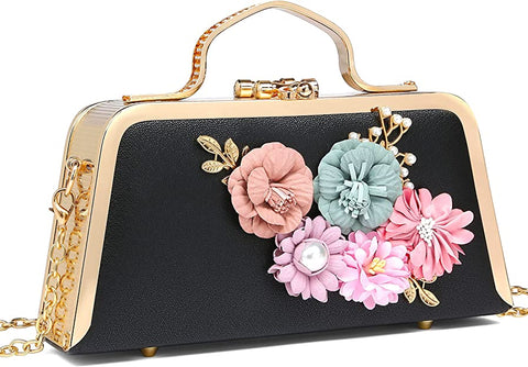 Beautiful Floral Embellished Black Cocktail Evening Clutch Purse
