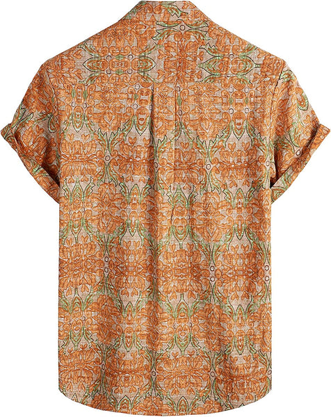 Men's Aztec Orange Multi Print Casual Short Sleeve Shirt