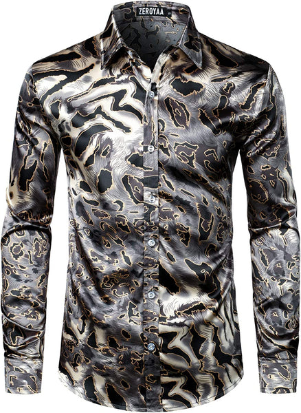 Men's Hipster Grey Satin Button Up Dress Shirt