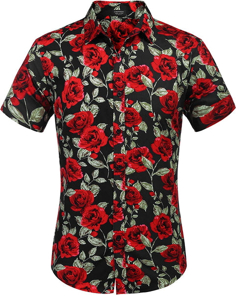 Hawaiian Black Rose Casual Button Down Short Sleeve Shirt