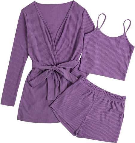 Purple 3 Piece Top & Shorts Lounge Sleepwear Pajama Set with Robe