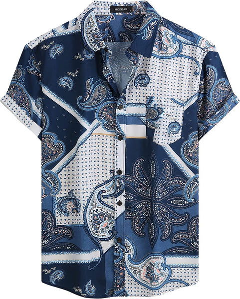 Men's Blue & White Paisley Printed Button Up Short Sleeve Shirt