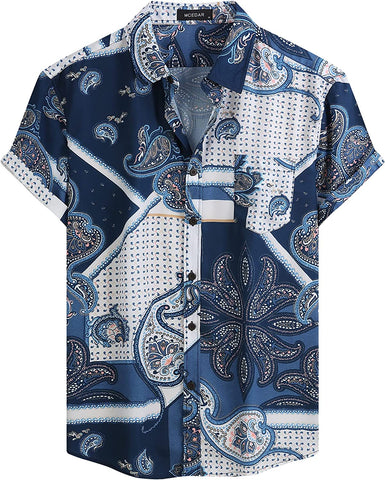 Men's Blue & White Paisley Printed Button Up Short Sleeve Shirt