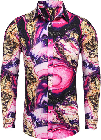 Pink Luxury Design Print Long Sleeve Men's Dress Shirt