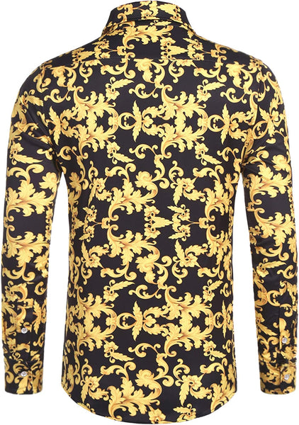 Gold Luxury Design Print Long Sleeve Men's Dress Shirt