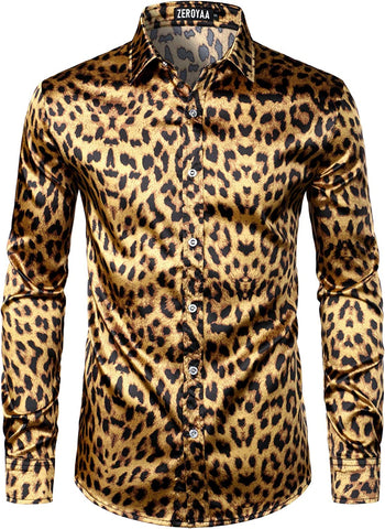 Men's Hipster Gold Leopard Satin Button Up Dress Shirt